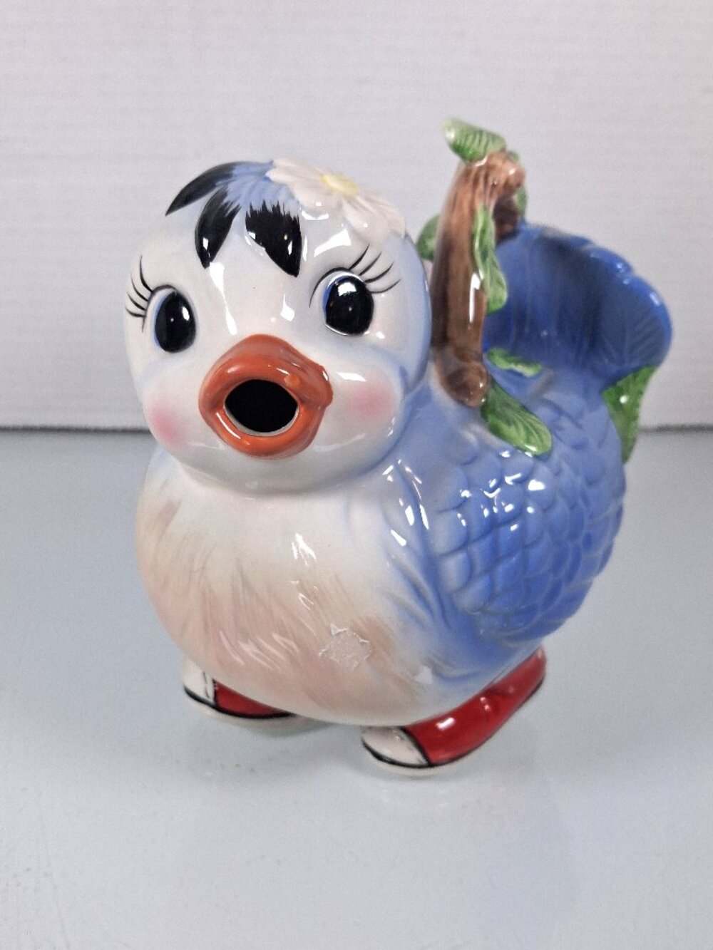 Vintage Blue Bird Ceramic Tea Pot Anthropomorphic Bird Wearing Red Sneakers